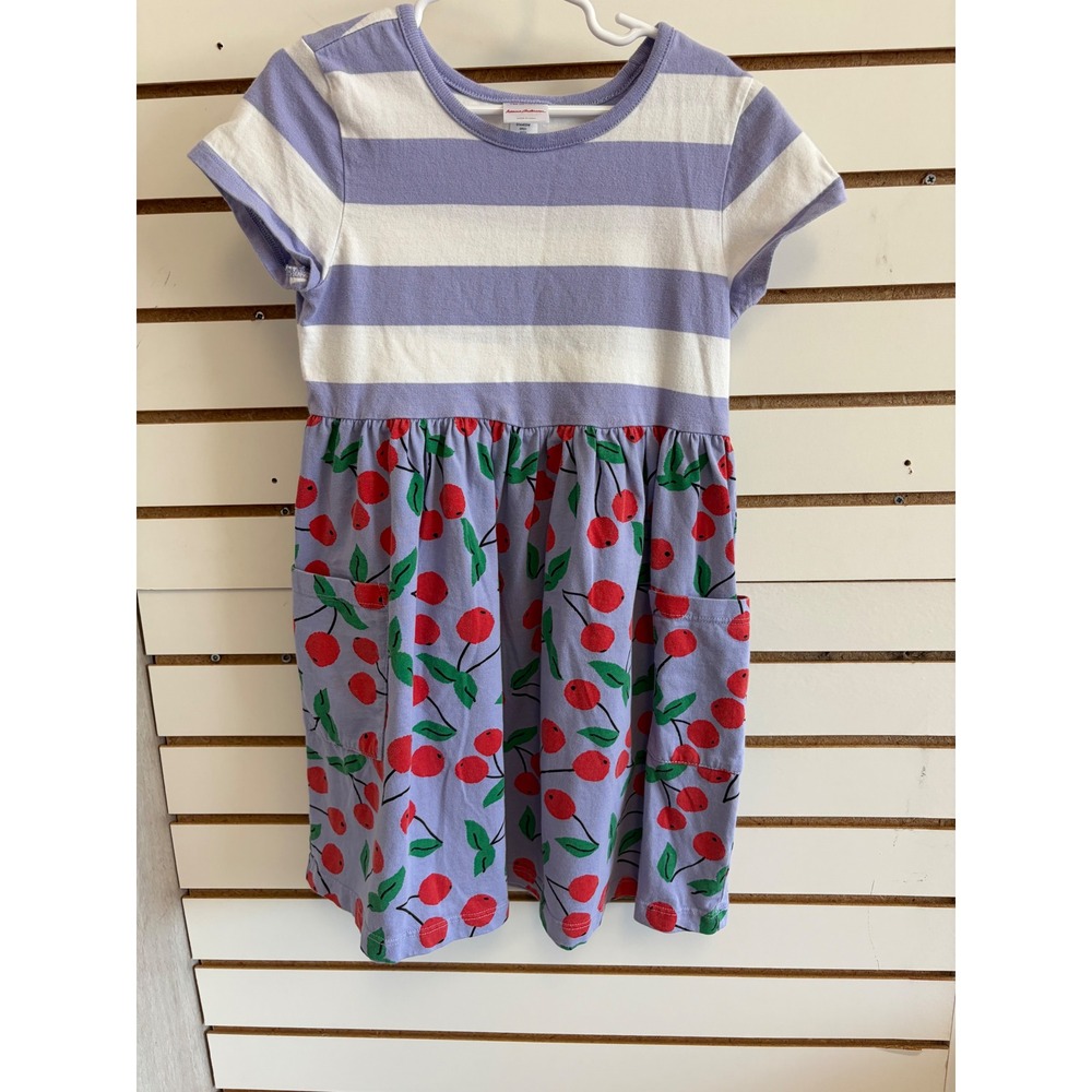 Hanna Andersson Mixie Dress Purple Striped Cherry Print Cotton Pocket 120 US 6-7
